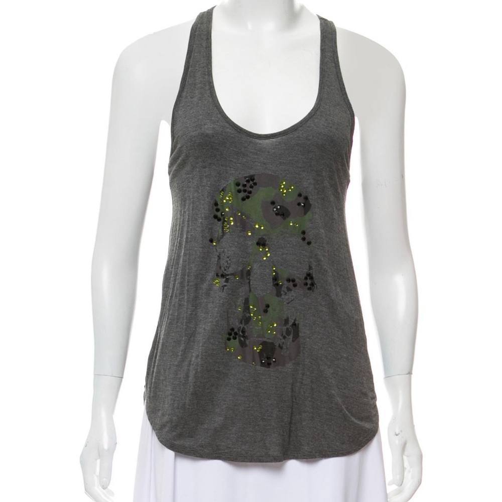 Haute Hippie Grey Rhinestone Skull Tank XS